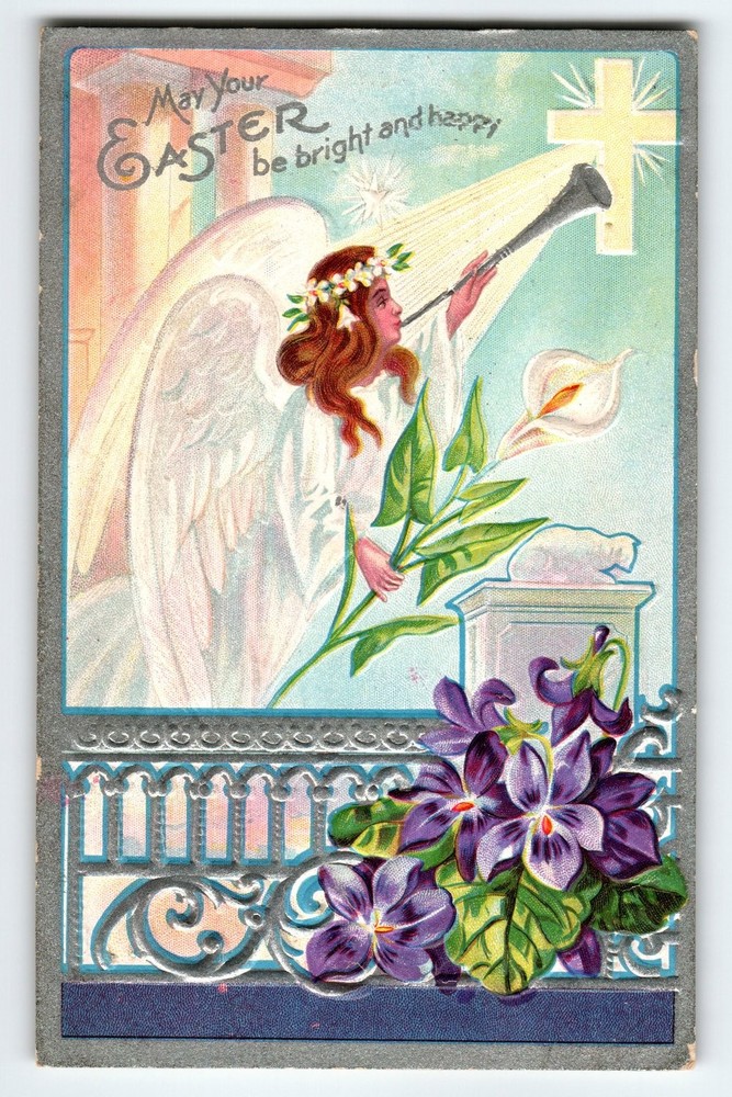 Vintage 1913 Easter Angel Postcard with Embossed Flowers & Cross