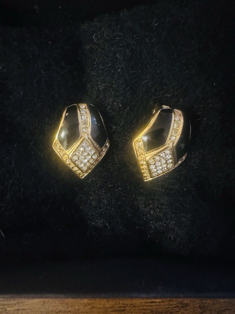 Dior Black Enamel And Crystal Clip-on Gold Tone Earrings