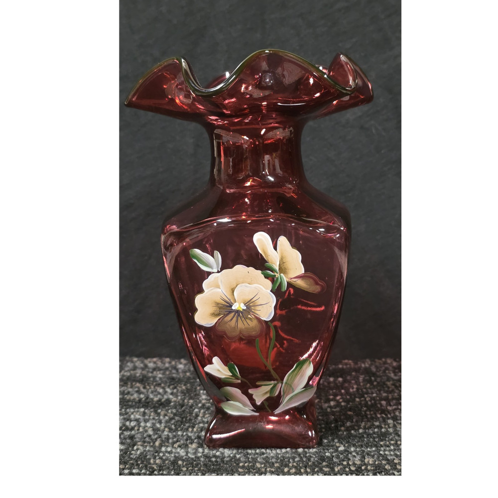 Fenton Red Art Glass Vase Hand Painted Floral Pattern Artist Signed