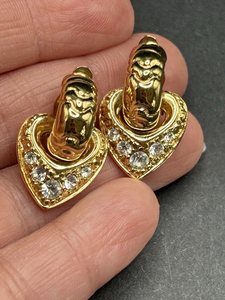 Vintage Joan Rivers Gold Tone Versatile Half Hoops Hearts Rhinestone Earrings 1”