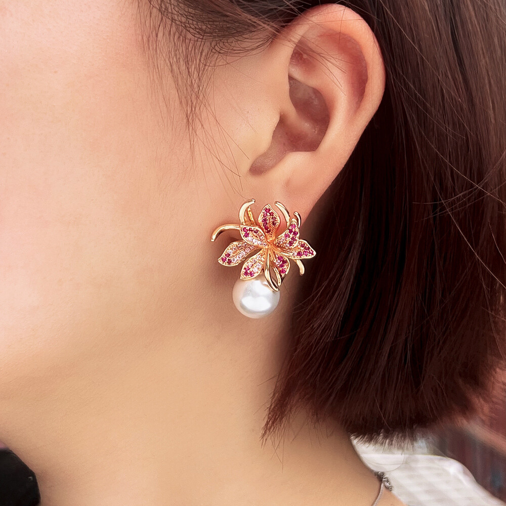 Gold Plated Hot Pink Cubic Zircon Flower Stud Pearl Drop Earrings for Women Prom