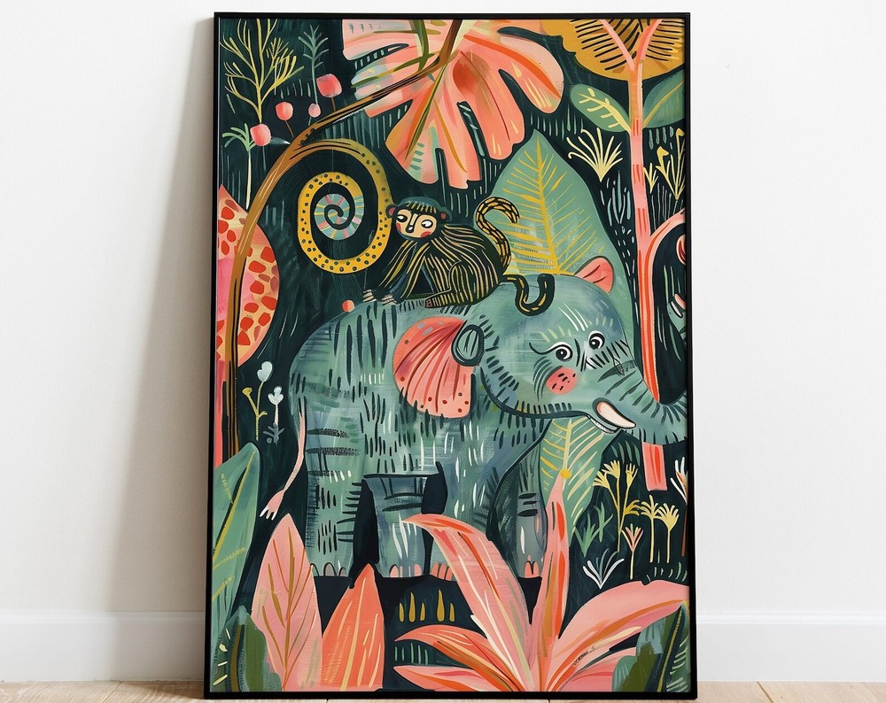 Gouche Painting Of Elephant Monkey In Forest Childrens Wall Art Jungle Animal