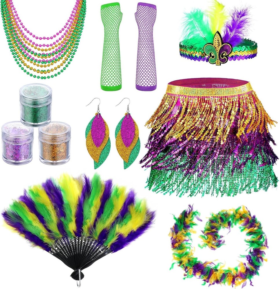 21-Piece Mardi Gras Costume Set for Women – Beads, Masks & Feathers  