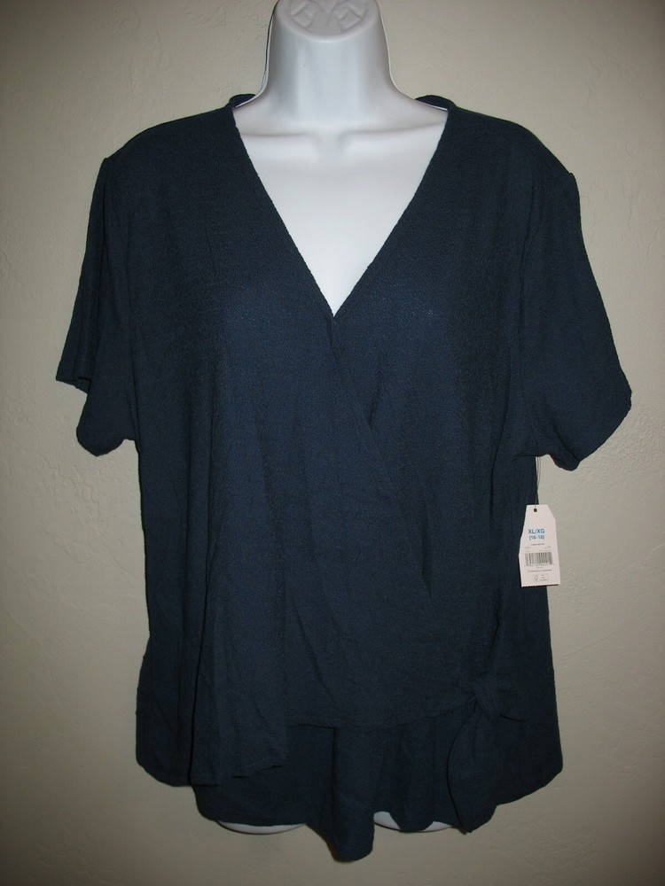 Time & Tru XL Navy Nursing Top Wrap Front Short Sleeve Shirt