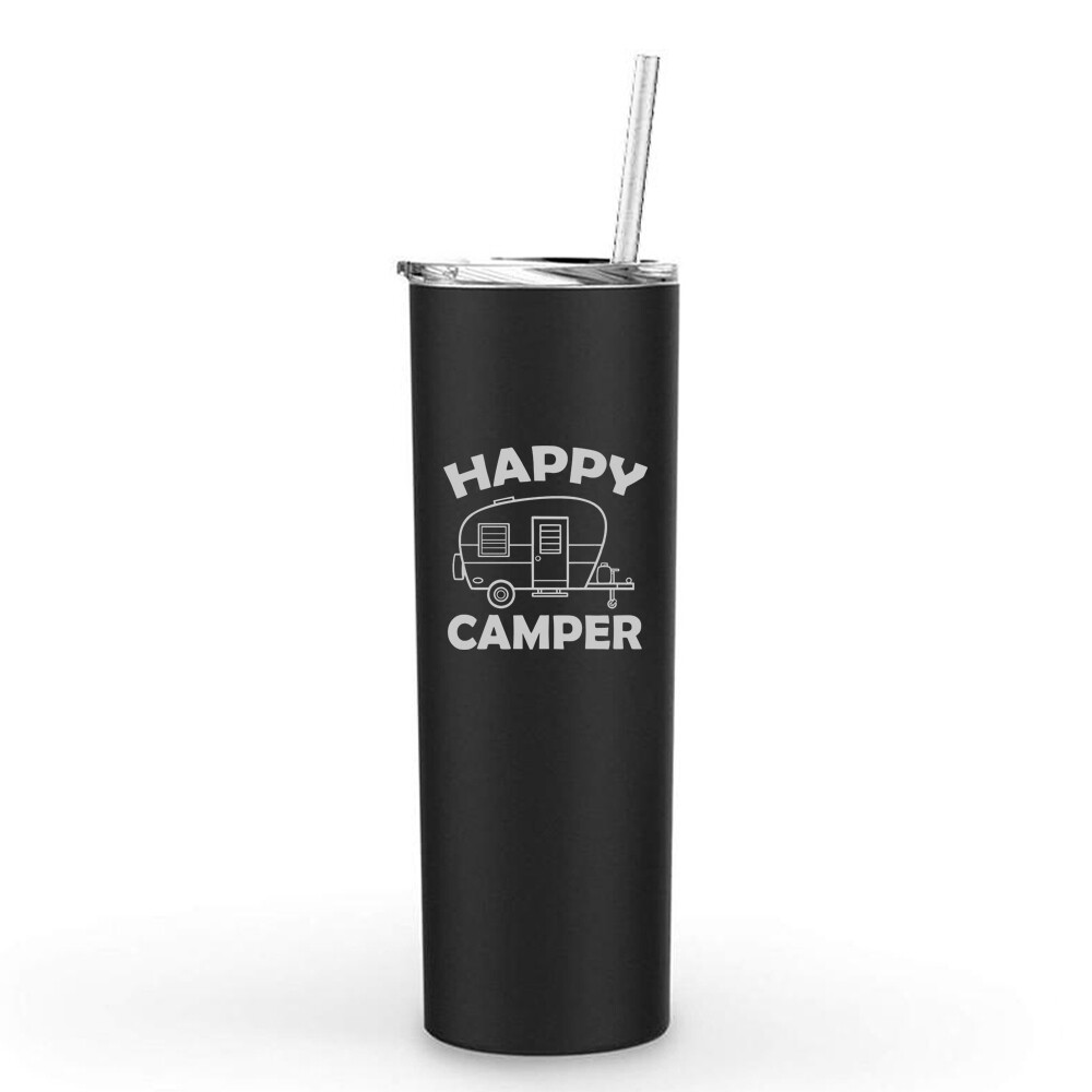20 oz Skinny Tumbler Stainless Steel Insulated Travel Mug w Straw Happy Camper