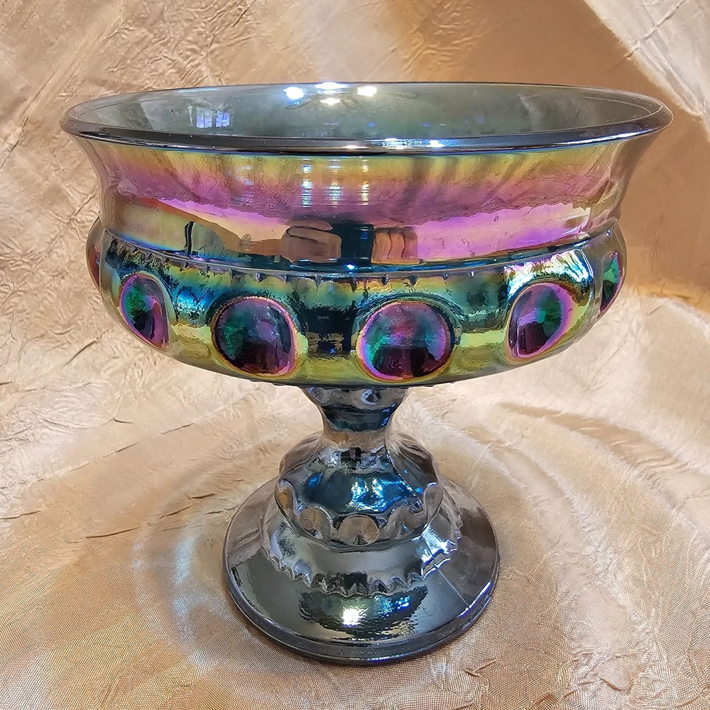 Indiana Glass Compote Iridescent Blue Kings Crown Carnival Glass Thumbprint