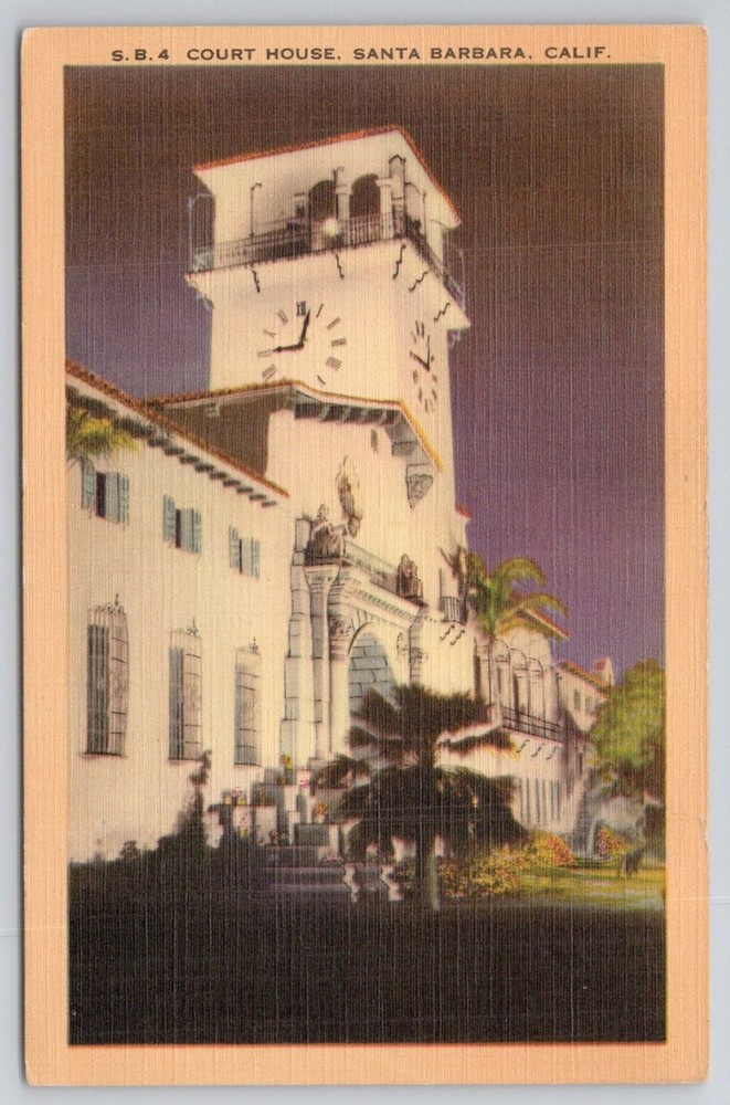Santa Barbara Court House Calif. Linen Postcard Spanish Colonial Revival