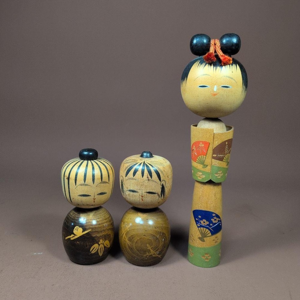 Mizusaku Kokeshi Dolls Lot 3 Traditional Japanese Handcrafted Vintage 24.5cm
