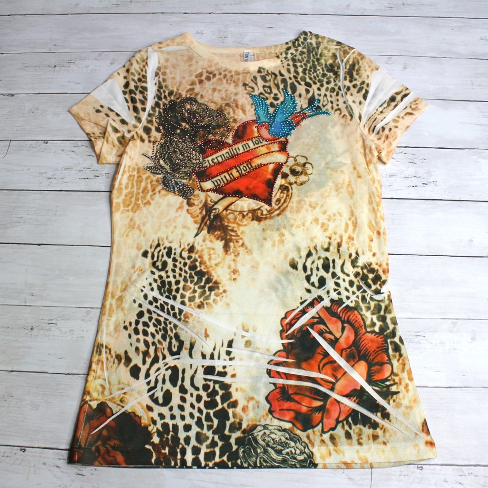 Vintage Women's Graphic T Shirt Top Size L M Tattoo Art Heart Love Rhinestones