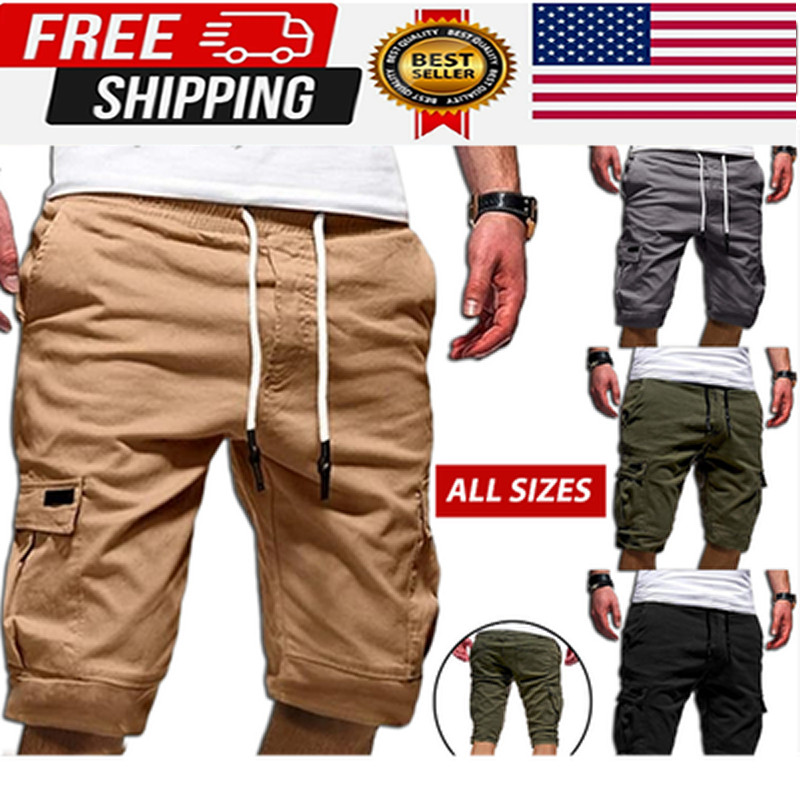 Men Casual Chino Cargo Shorts Elastic Waist Drawstring 6 Pockets Summer Trousers