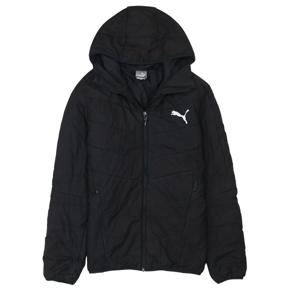 Puma Mens Puffer Jacket Black Hooded Quilted Full Zip Logo Pockets Windcoat S