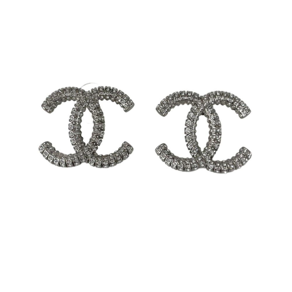 Chanel CC Crystal Stud Earrings in Silver with Logo Detail