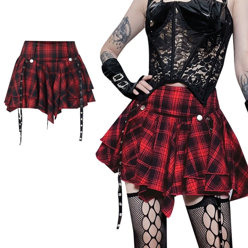 Women Aesthetic High Waist Checkered Pleated Tiered Eyelets Bandages Mini Skirt