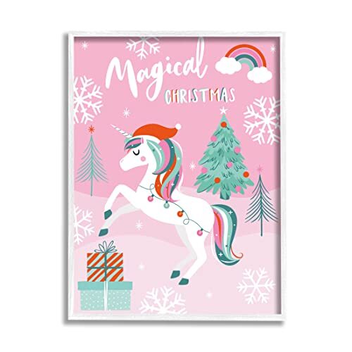 Magical Christmas Pink Unicorn Giclee Framed Wall Art, Design by Angela Nickeas