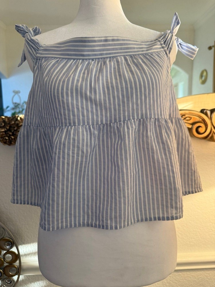 BCBG Max Azria Blue White Striped Tie Strap Peplum Top Size XS Summer Blouse