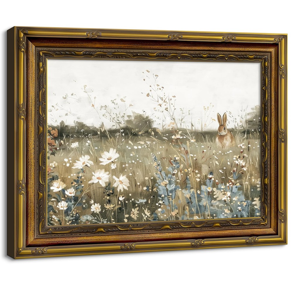 Vintage Bunny Wall Art Gold Framed Wildflower Wall Decor Rabbit in Meadow Pos...