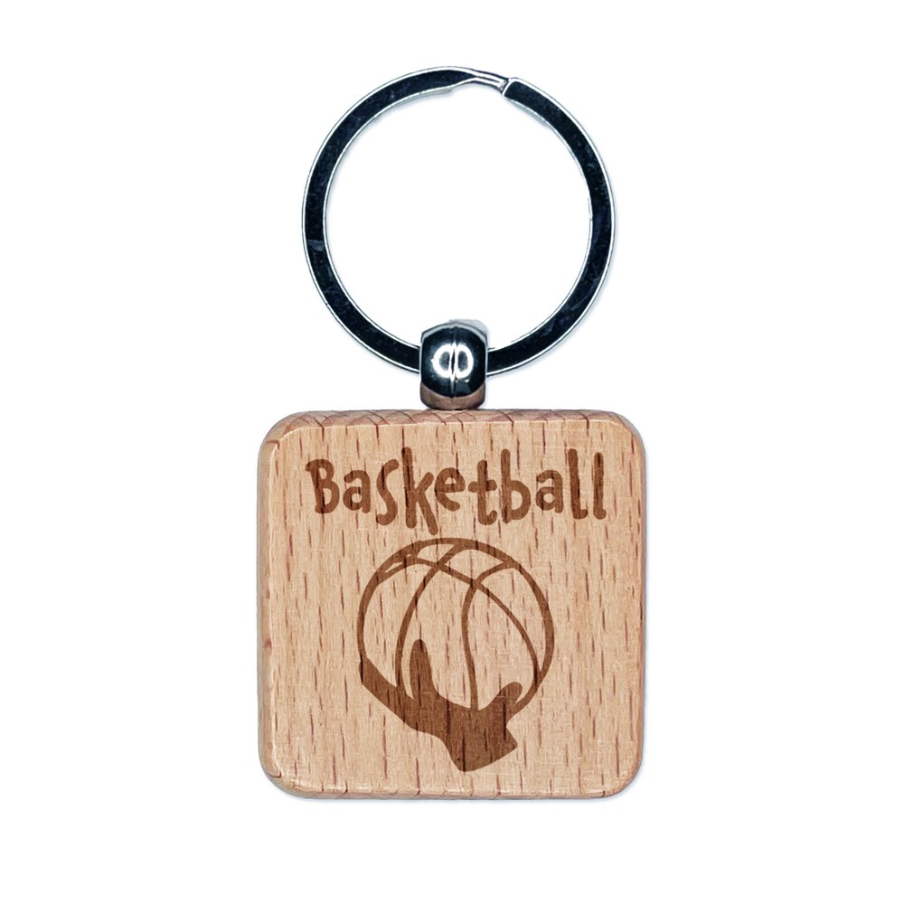 Hand Holding Basketball Abstract Engraved Wood Square Keychain Tag Charm