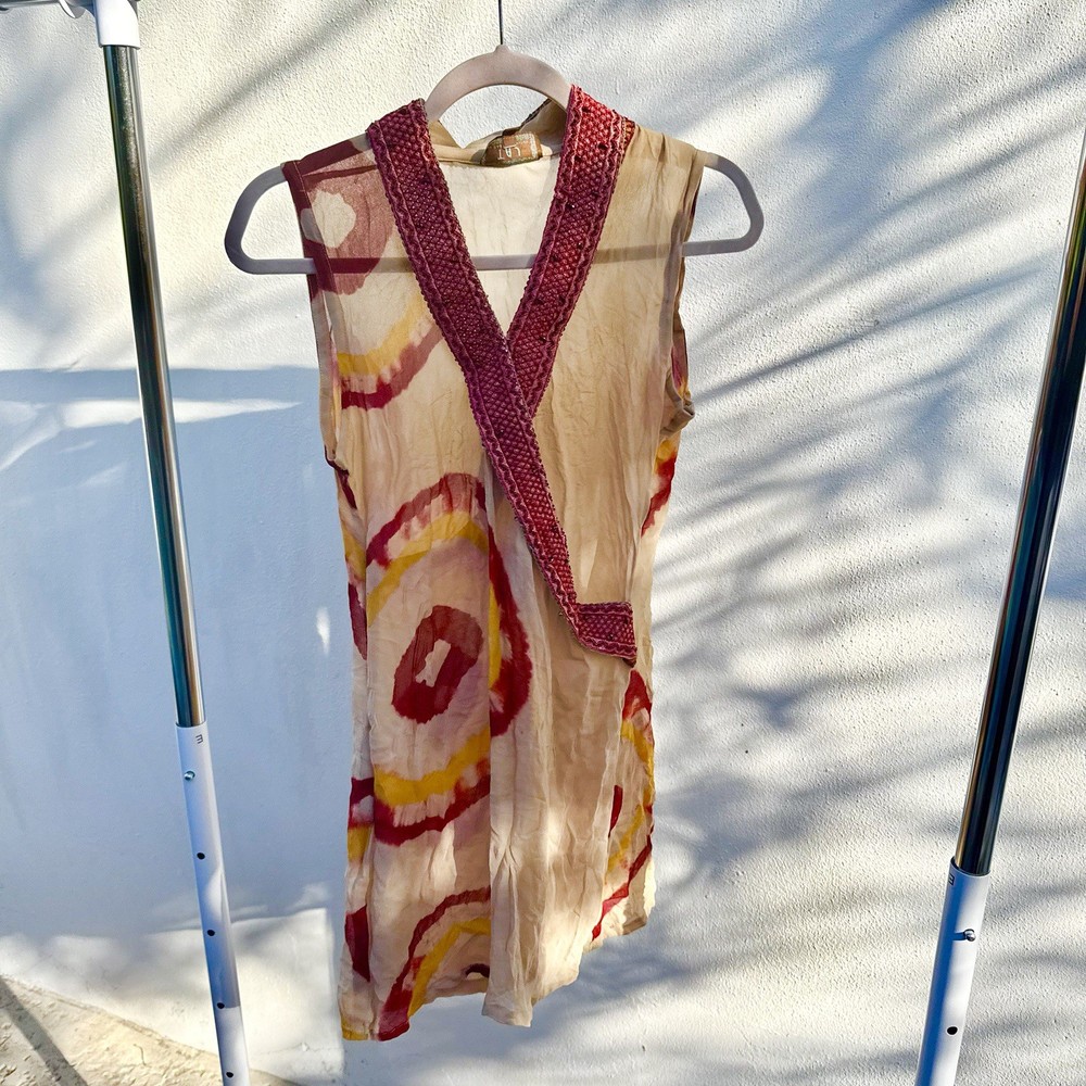 Taj by Sabrina Crippa 100% Silk Orange Tie Dye Beaded Mini Dress Size Small￼