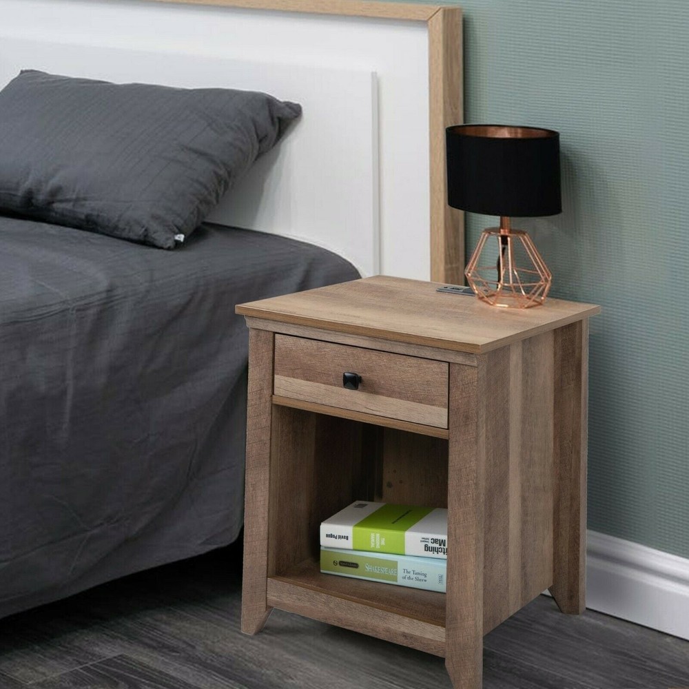 Brown Wood Bedside Table with Drawer and Shelf for Home Storage