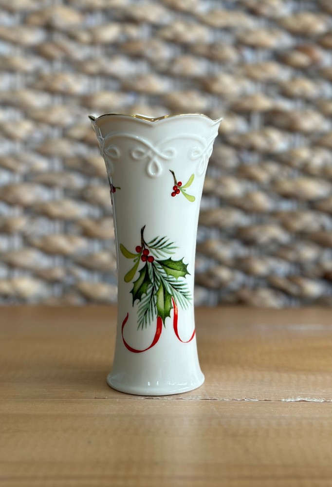 Lenox Skinny White Holiday Bud Vase Holly Design with Gold Accent Christmas-image