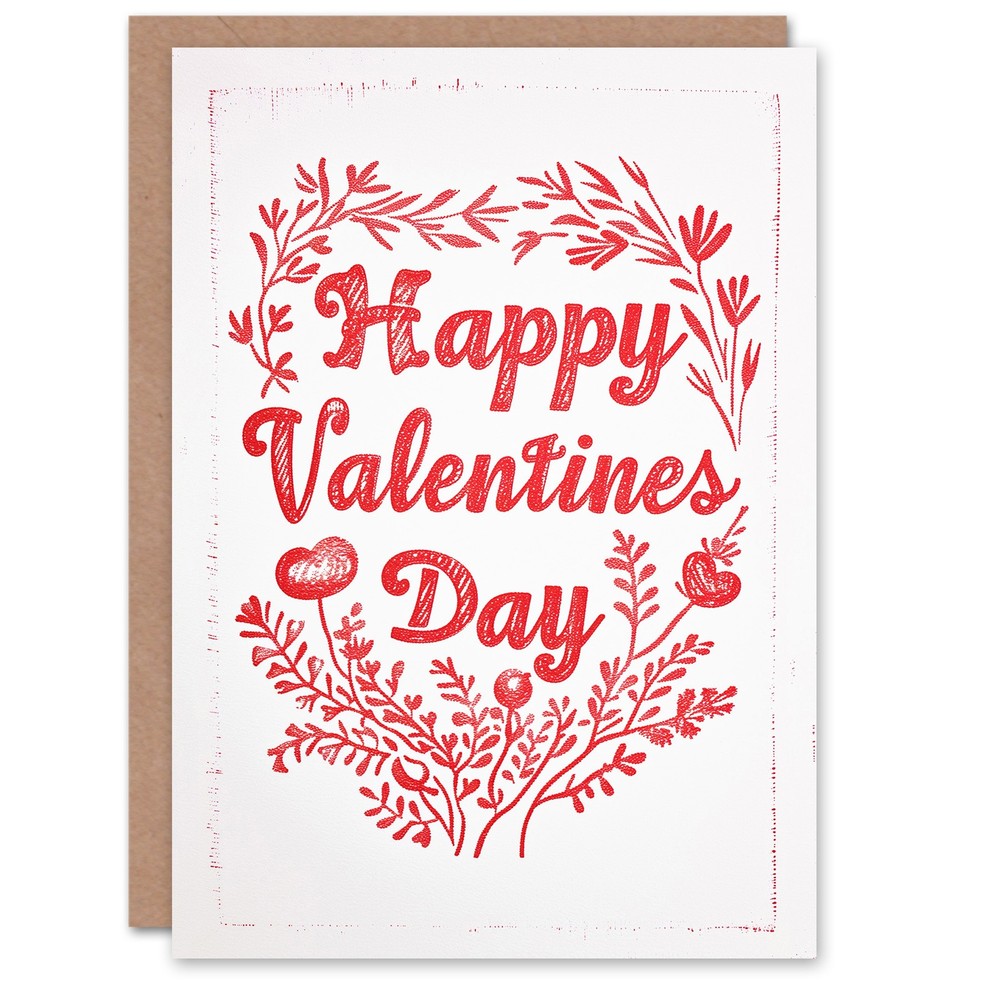 Valentines Day Greeting Card Floral Red Letterpress Etching For Her Wife Partner