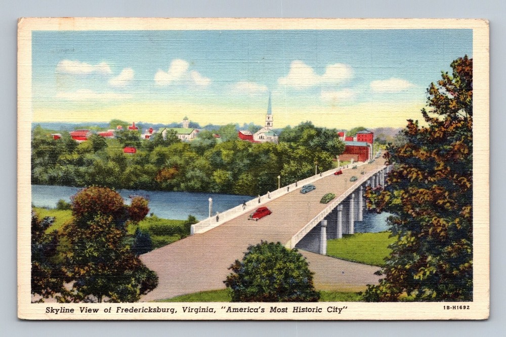 Vintage Linen Postcard Skyline View Fredericksburg VA Bridge Rappahannock