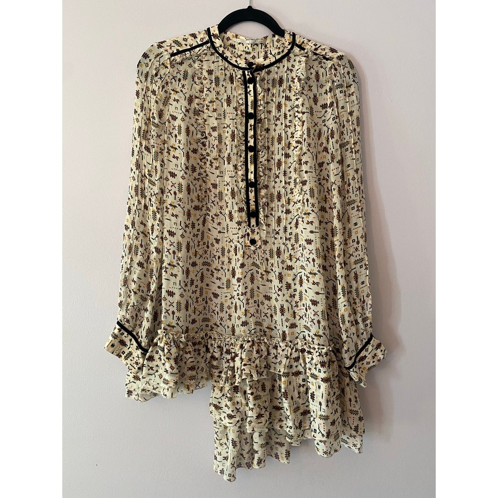 Proenza Schouler White Geometric Print Long Sleeve Blouse 100% Silk Women size 6