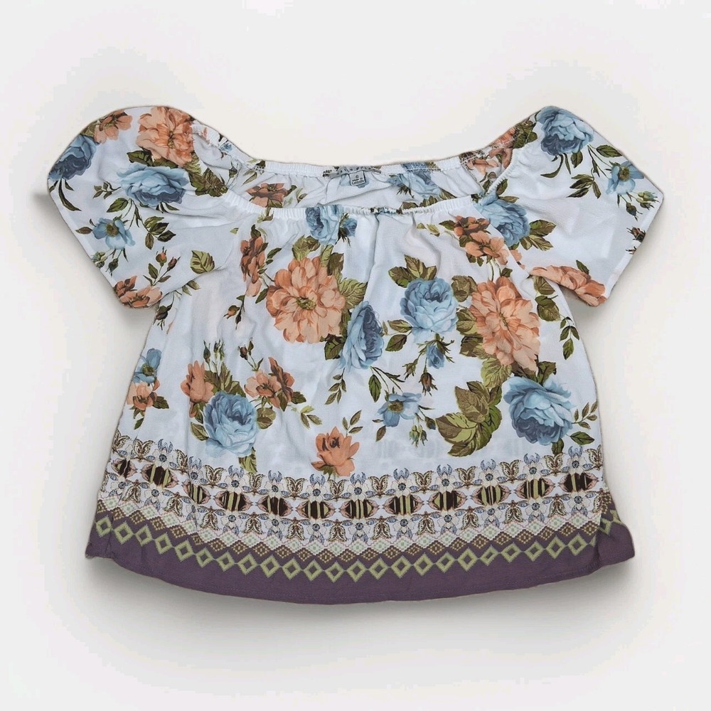 Haute Monde Boho Peasant Tunic Top Small Floral Blouse Fairy Romantic Rose Puff