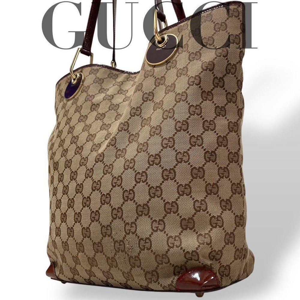 Gucci GG canvas tote bag with logo metal fittings and leather trim, spacious large capacity