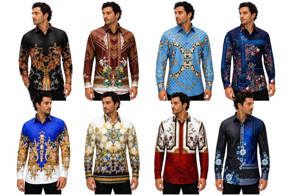 Men’s Luxury Baroque Floral Dress Shirt Long Sleeve Designer Button Up Casual