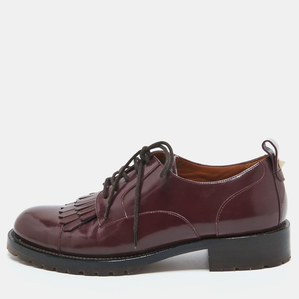 Valentino Burgundy Patent Leather Fringe Derby Shoes Size 37 EU