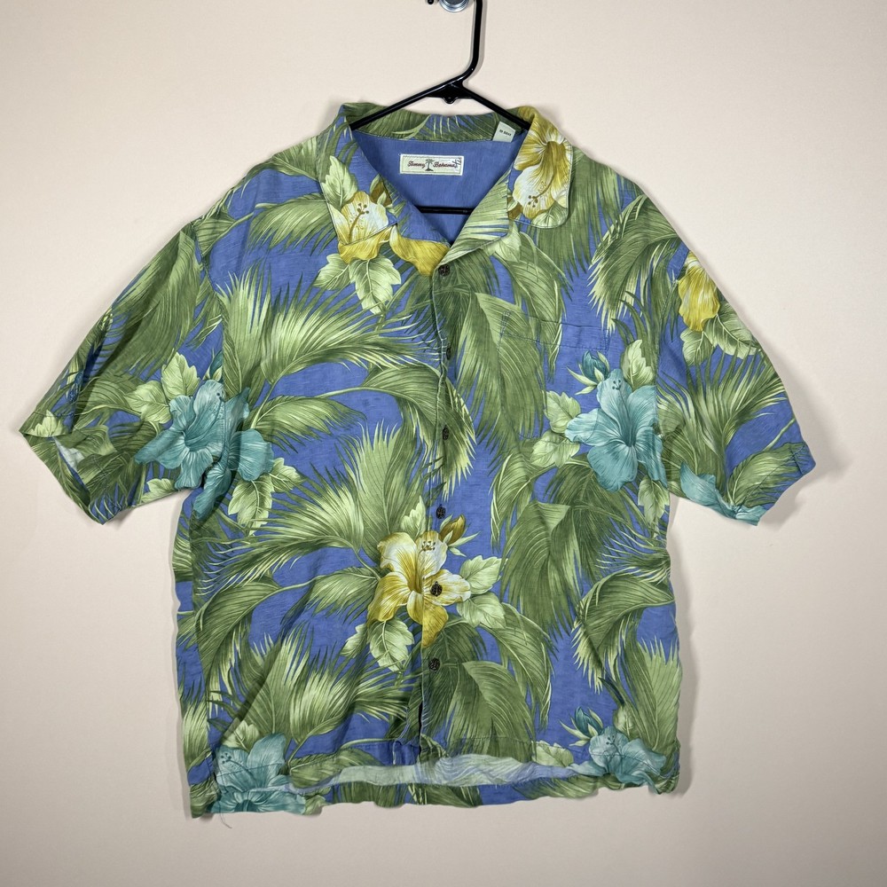 Vintage Tommy Bahama Silk Floral Print Hawaiian Shirt Blue Green Women's Size XL