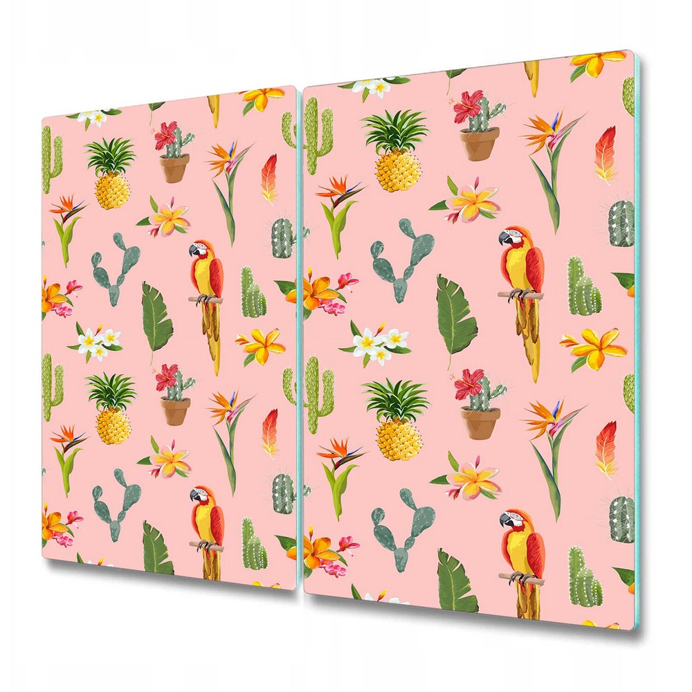 Glass Worktop Saver Kitchen Parrot tropical flowers pink green and yellow