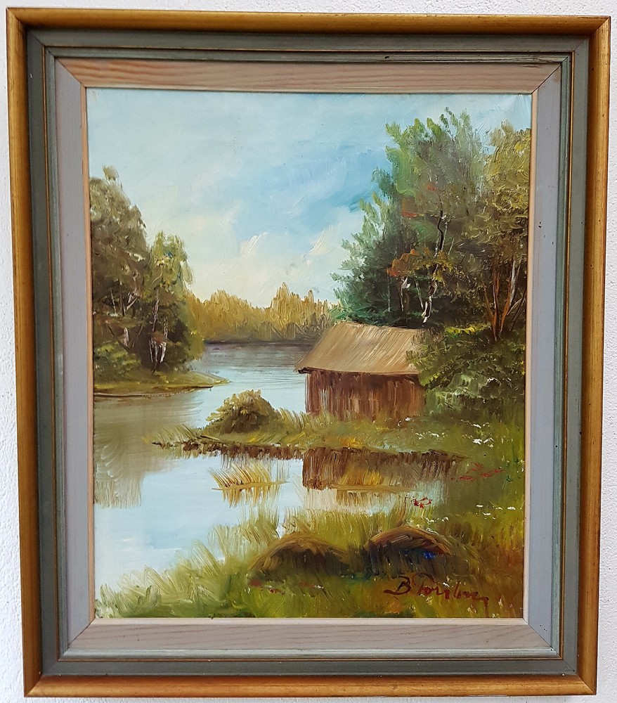 Oil painting artwork with frame picture painting oil painting forest lake nature 1955