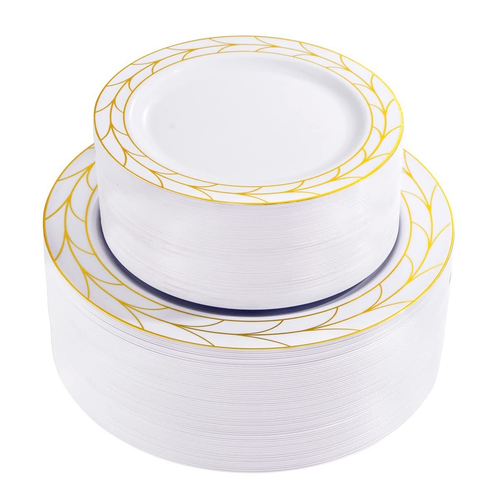 100pcs Thanksgiving Disposable Gold White Plastic Party Plates, Heavy Duty Pl...