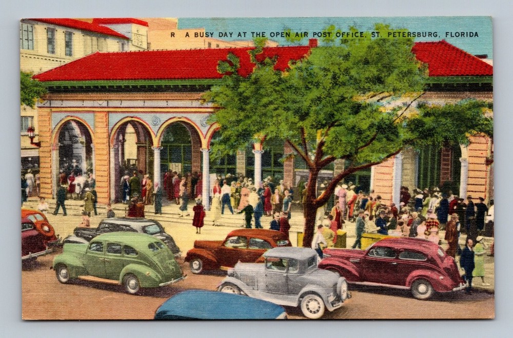 Vintage Linen Postcard Open Air Post Office St. Petersburg Florida