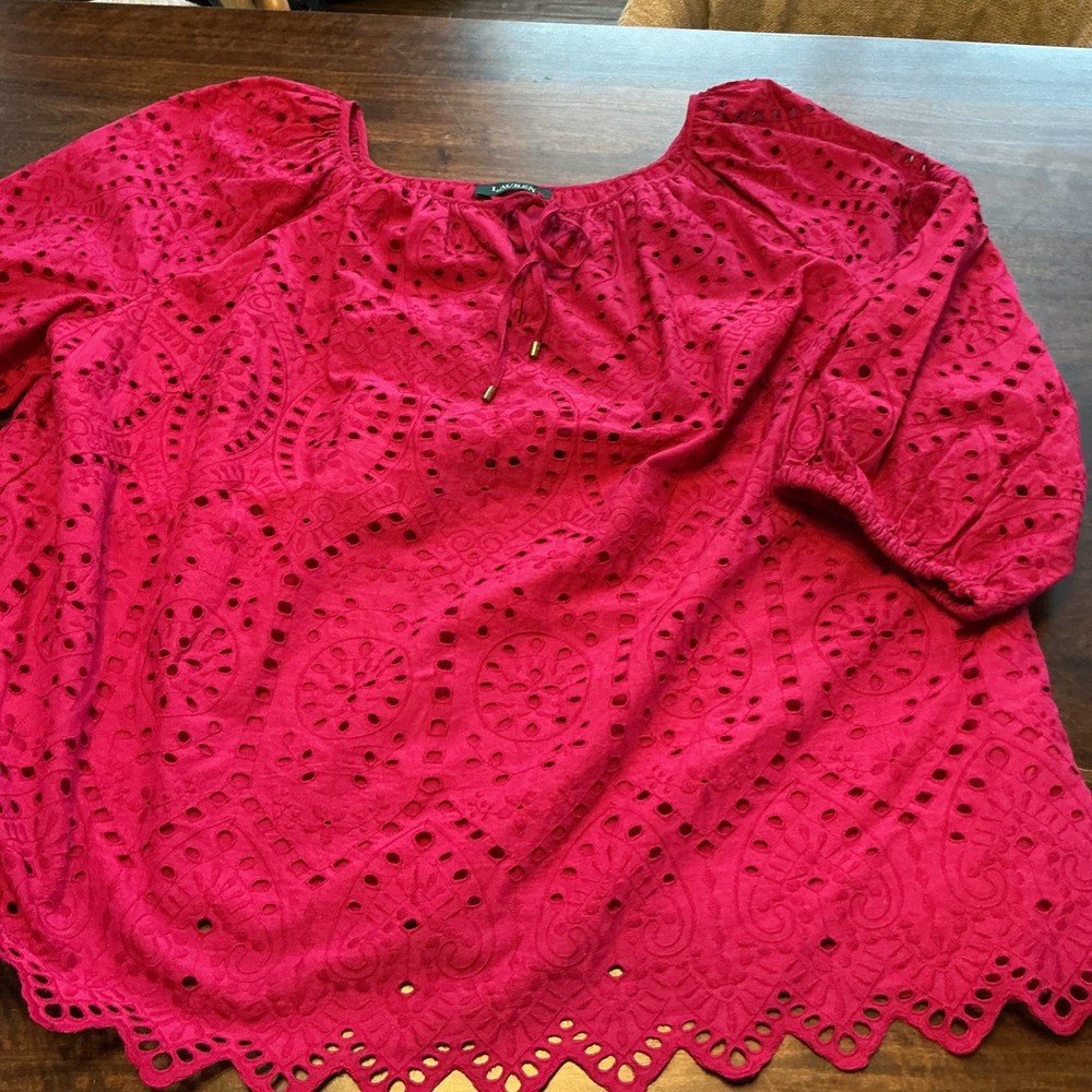 Lauren Ralph Lauren Eyelet Cotton Blouse Women XL Pink Tie Neck Scallop