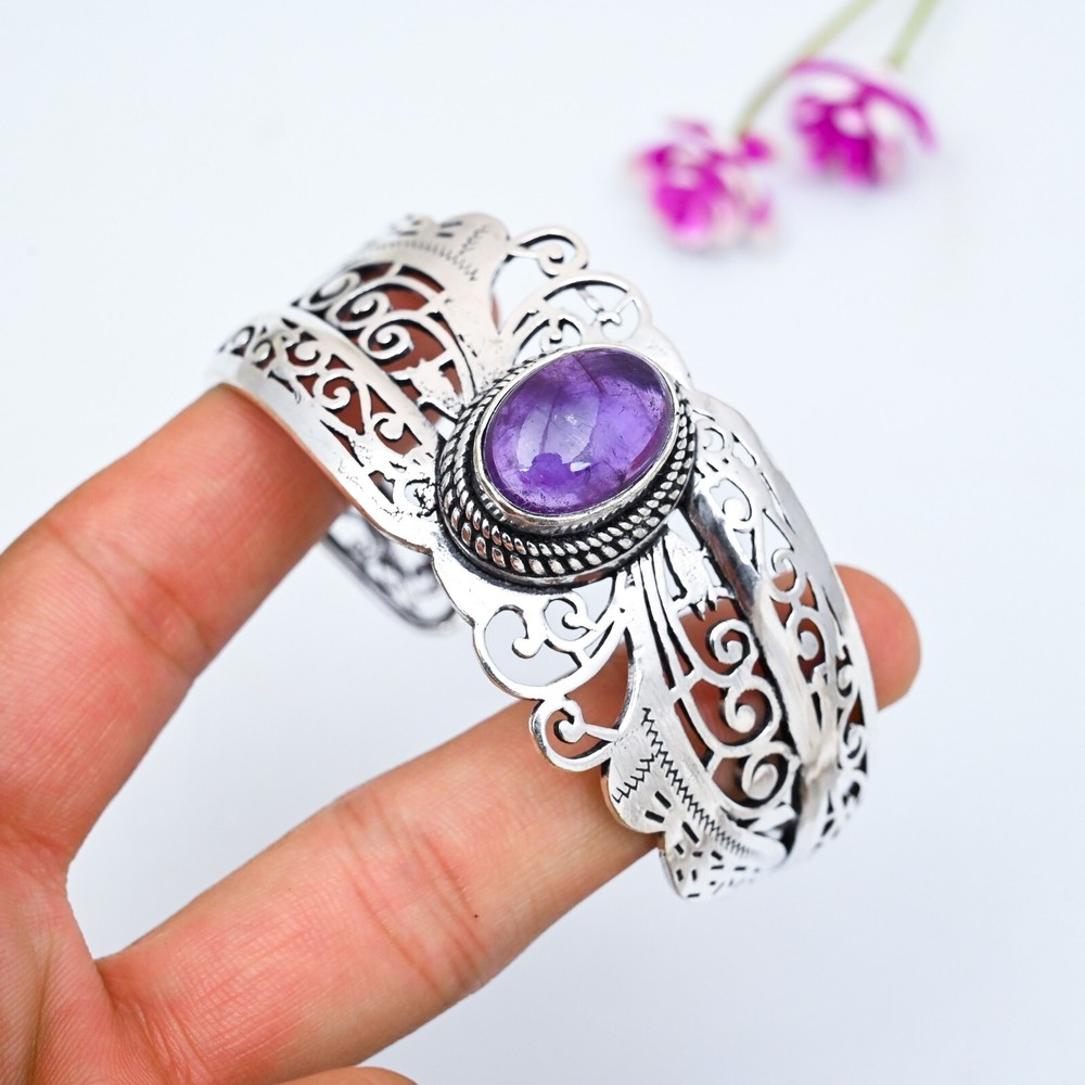 Purple Amethyst Gemstone Handmade 925 Sterling silver Adjustable Cuff Bracelet