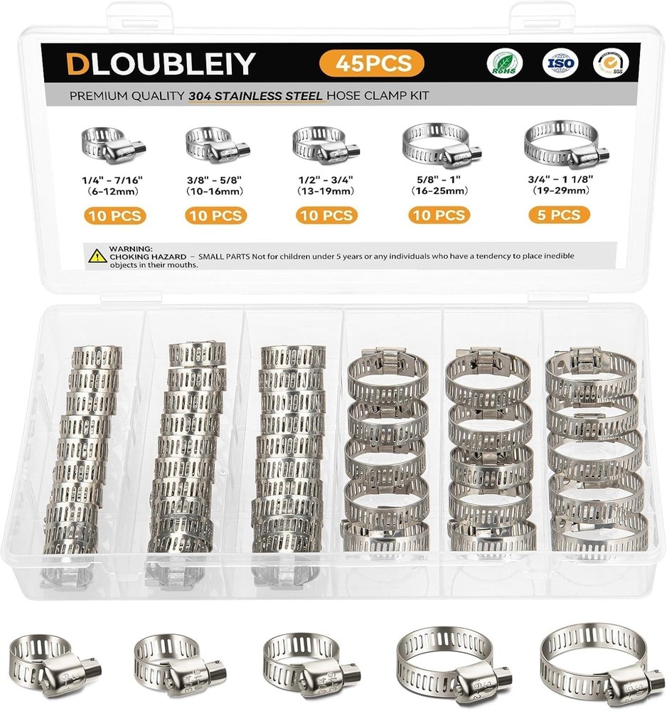 45 Pcs Stainless Steel Hose Clamp Assortment Kit Worm Gear Adjustable Hose Clamp