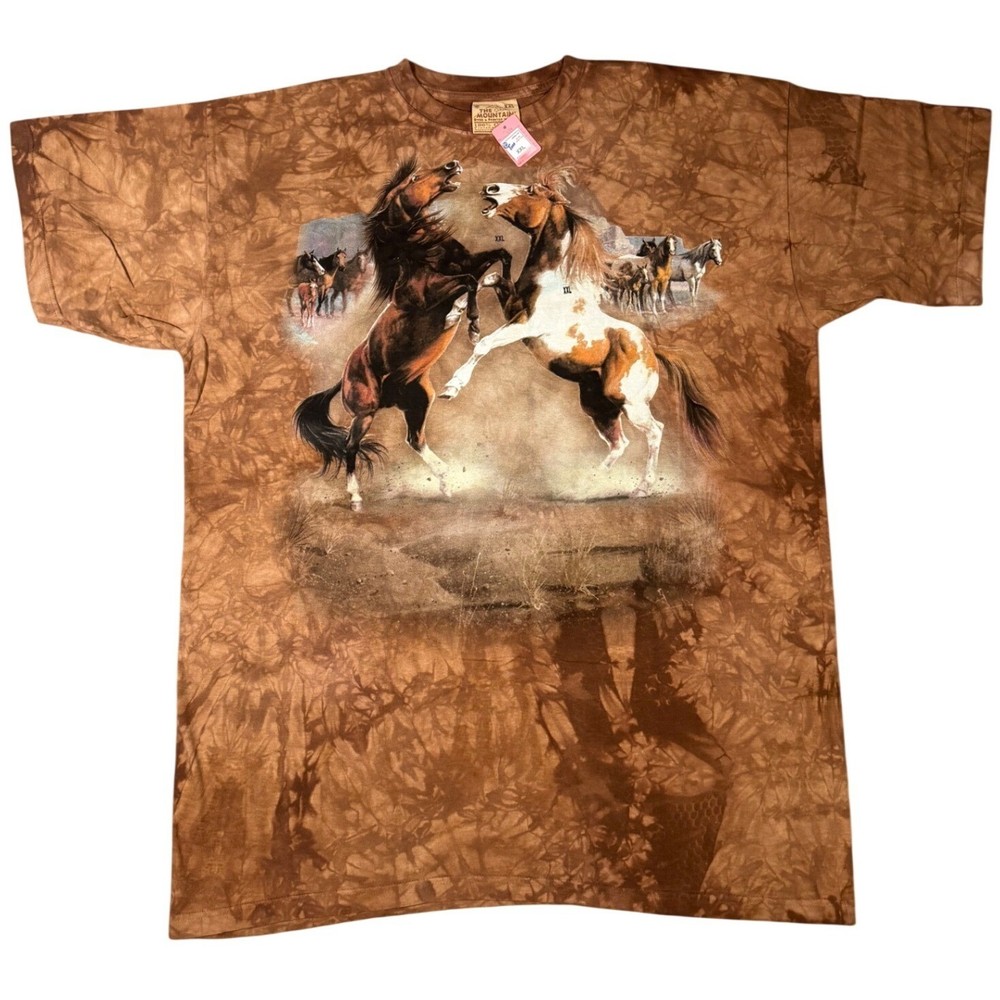The Mountain Wild Horses Fighting Tie Dye T-Shirt Mens XXL Brown Stallions NWT