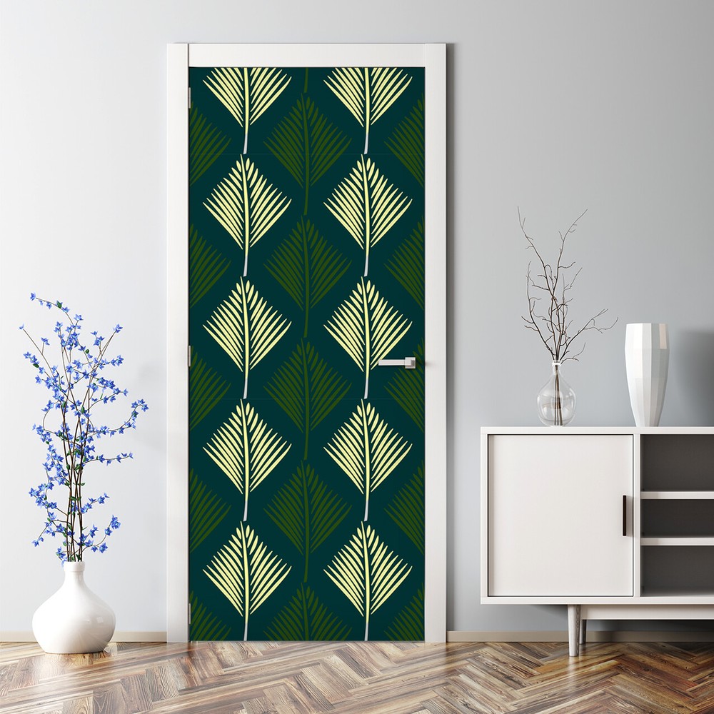 Abstract Palm Leaf Decal - Green Bubble-Free Self-Adhesive Door Sticker-image