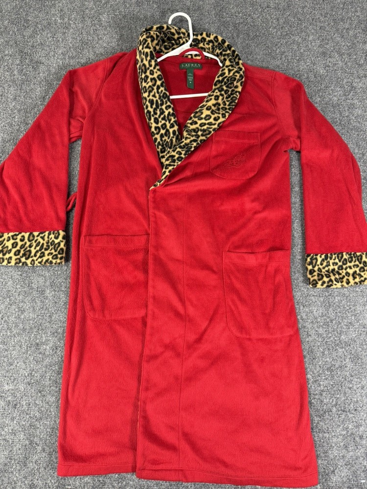 🐆❤️ Lauren Ralph Lauren Robe Women's Medium Red Fleece Leopard Print No Belt