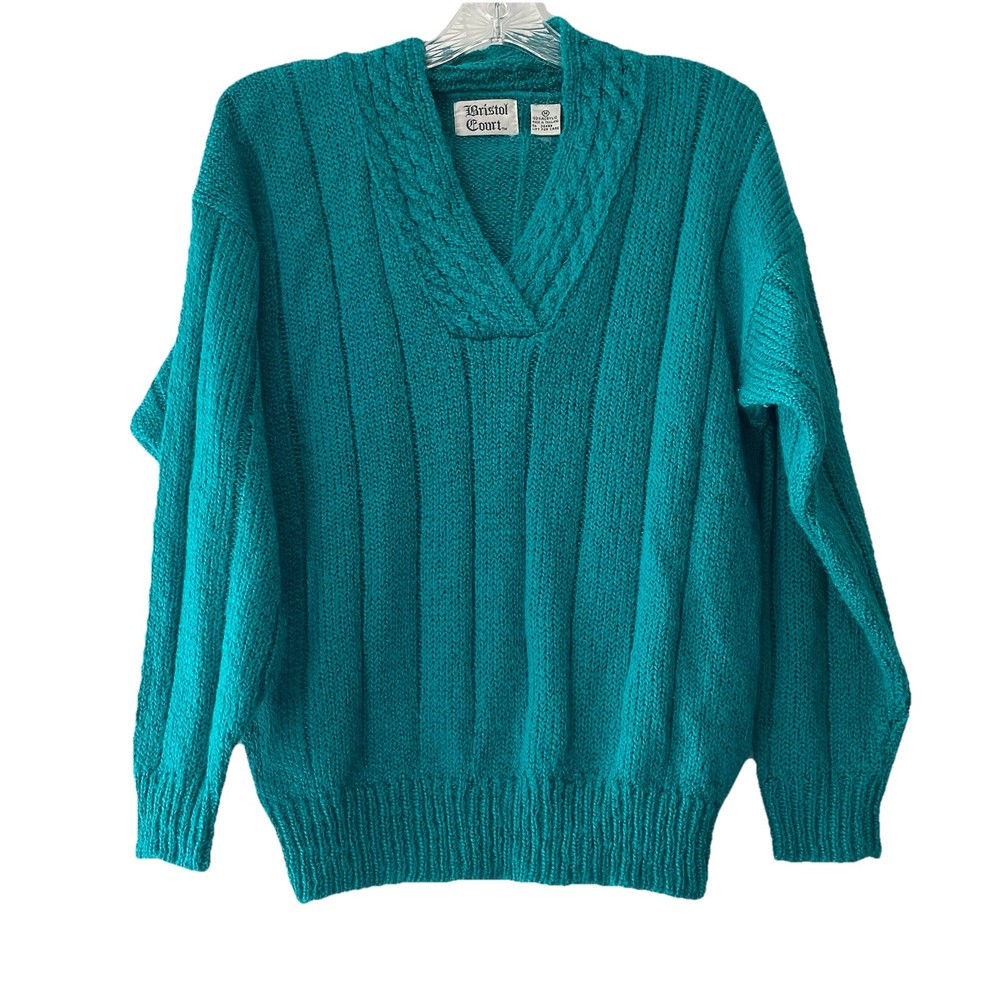 Vintage 80’s! Bristol Court Women's Size Medium Teal V-Neck Sweater Shoulder Pad