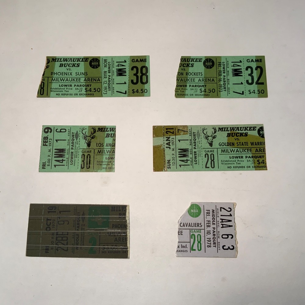 Lot of 6 Milwaukee Bucks ticket stubs 1973 - 1979 Kareem, Wilt, Big O /Good - VG