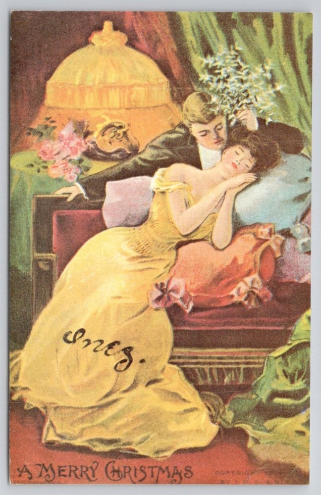Vintage Style Christmas Reproduction Postcard - Romantic Couple Art