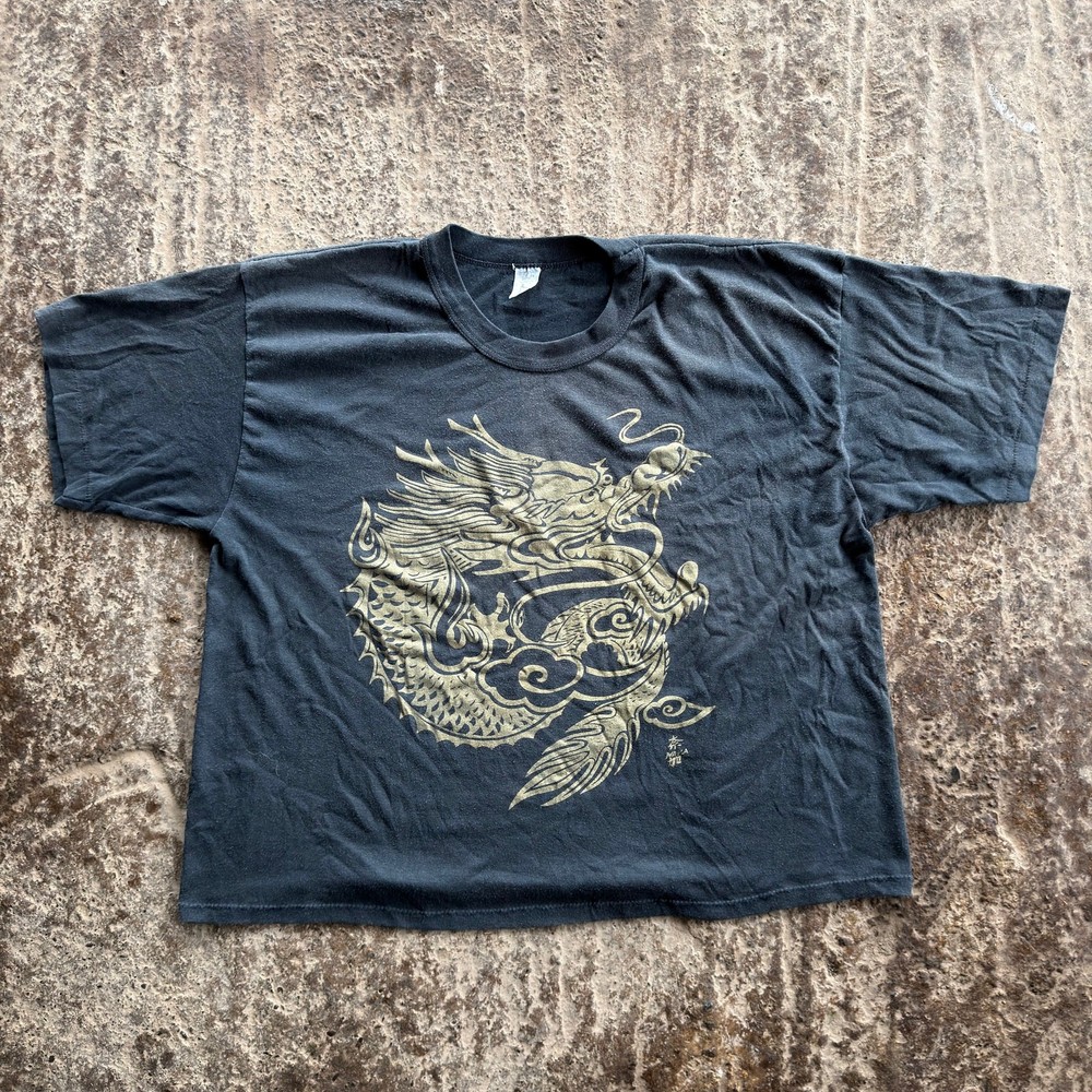 Vintage Chinese Dragon Traditional Black Shirt Fits Large Super Boxy Faded