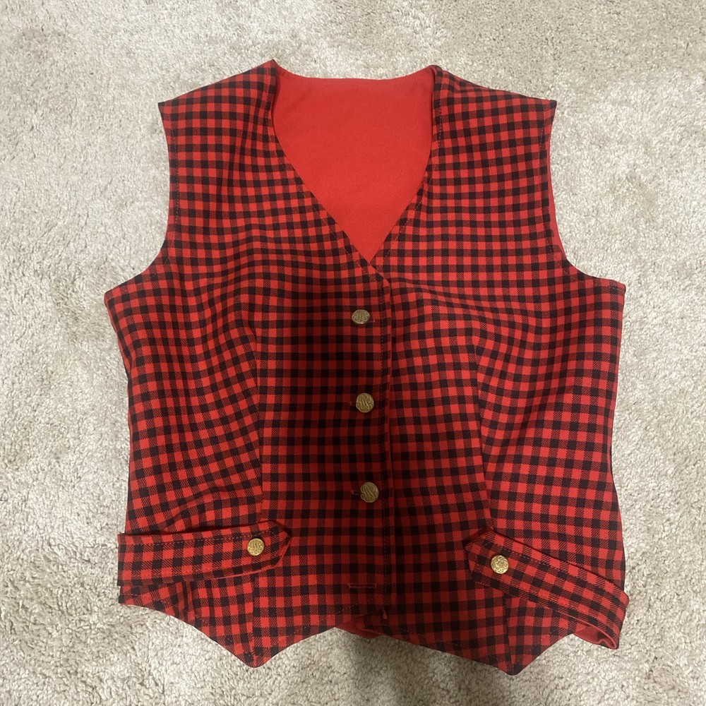 Women’s Plaid Red Gold Button Vest