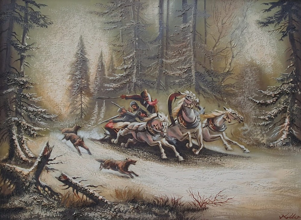 Large Painting: Winter Hunting. Oil on canvas, signed/verso described, framed