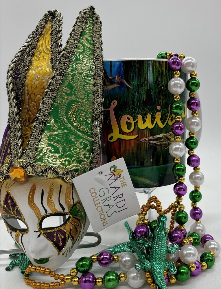 Louisiana Mardi Gras Souvenirs, Gator Beads Decorative Mask , Coffee Cup All New