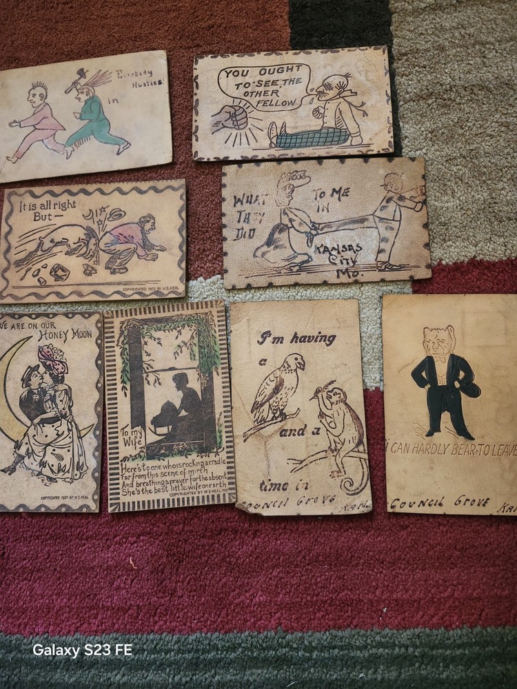 12 Antique 1900's  leather postcards  featuring humorous comic illustrations.